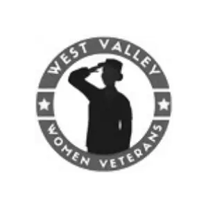 West Valley Women Veterans circular logo featuring a silhouette of a woman in military uniform saluting against a white background. The outer ring is dark blue with gold stars and the words "West Valley Women Veterans" in white lettering on a rust-colored band.