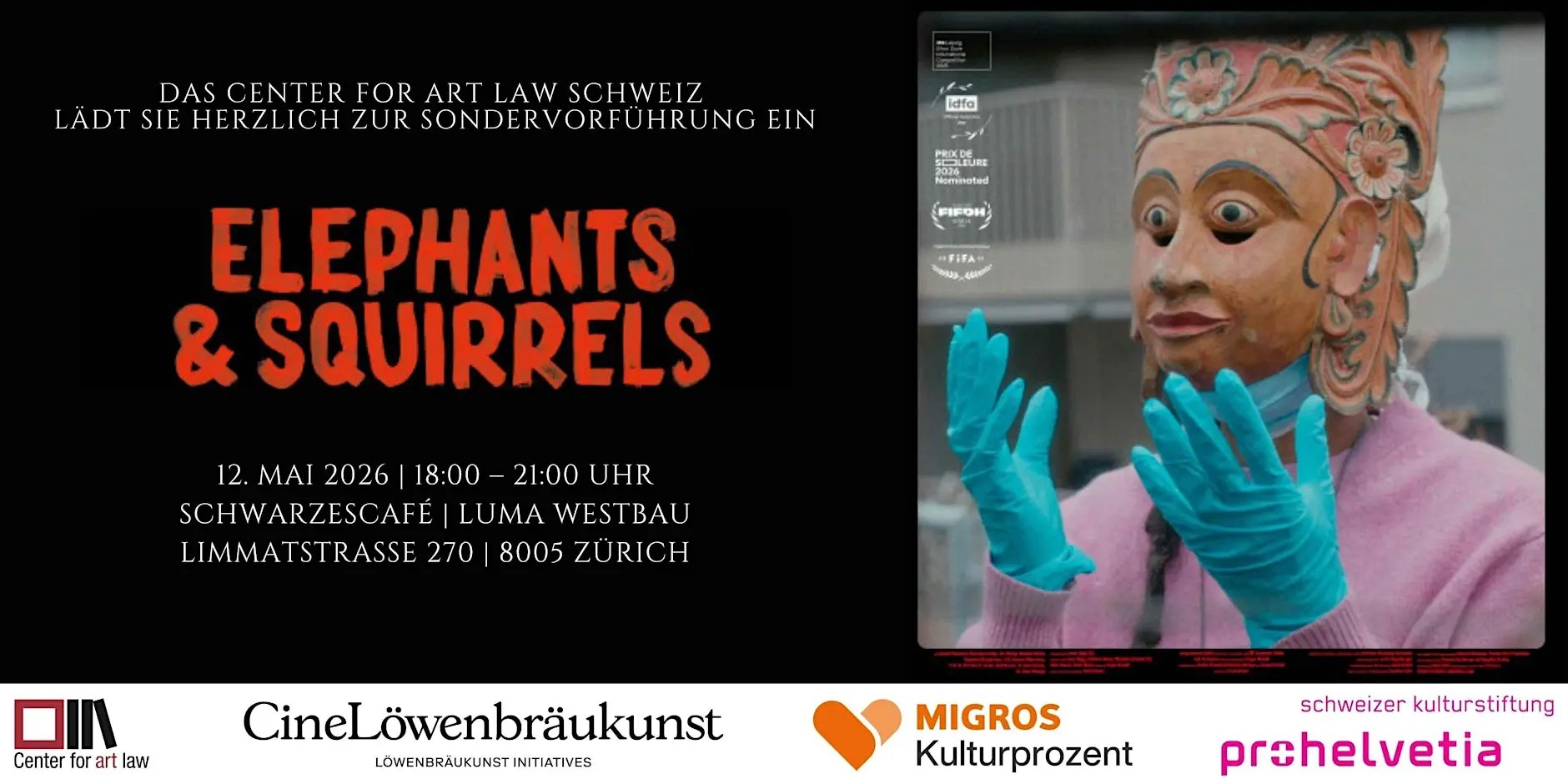 Promotional banner for Elephants and Squirrels Screening with orange title text on the left, image of painted statue on the right. Sponsors are listed below.