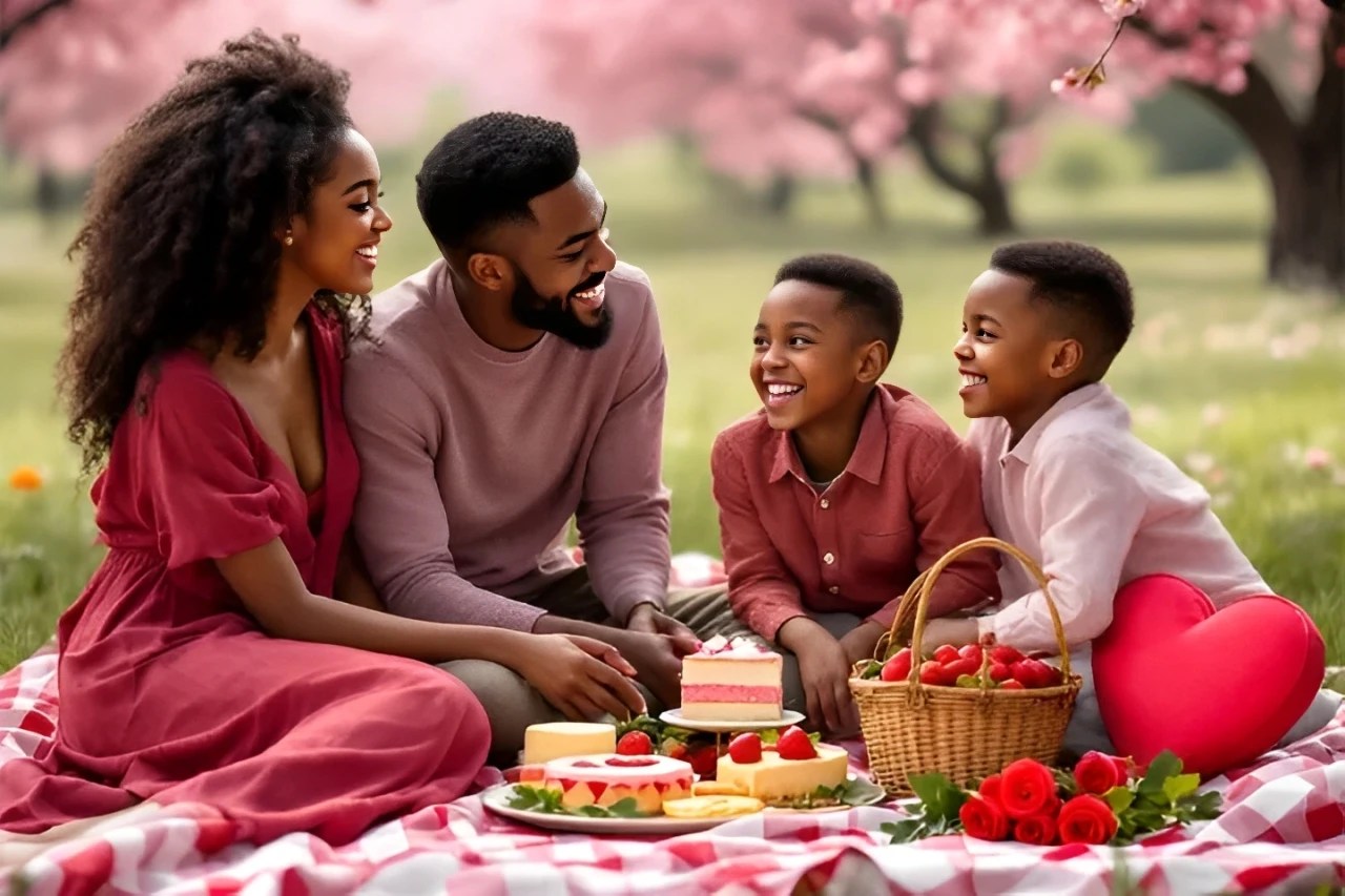 Happy family enjoying a picnic with cake and strawberries under cherry blossom trees.