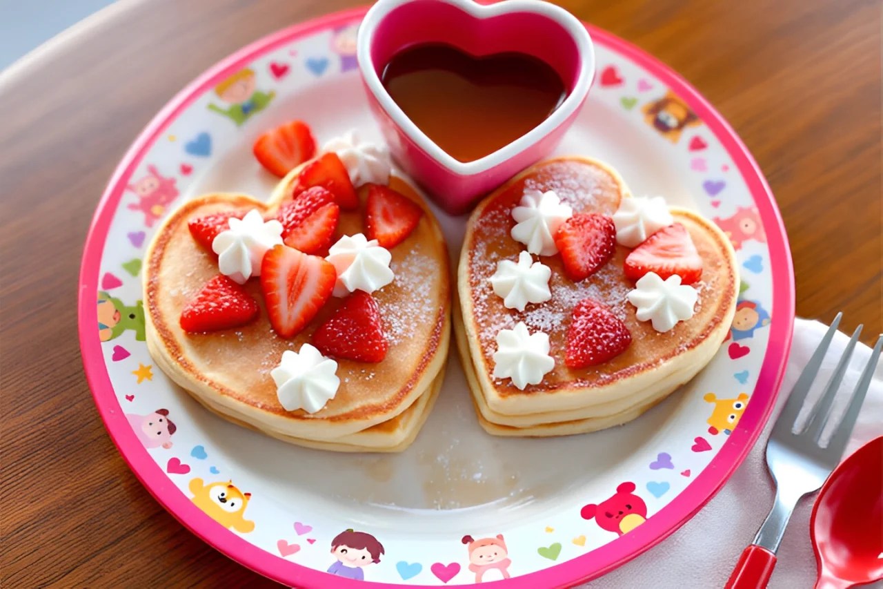 A heart-shaped pancakes or waffles, and add toppings like strawberries, powdered sugar, or chocolate chips.