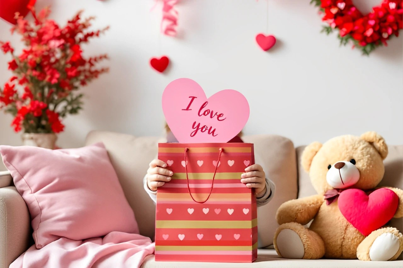 Child holding a Valentine's gift bag with an 'I love you' heart card.