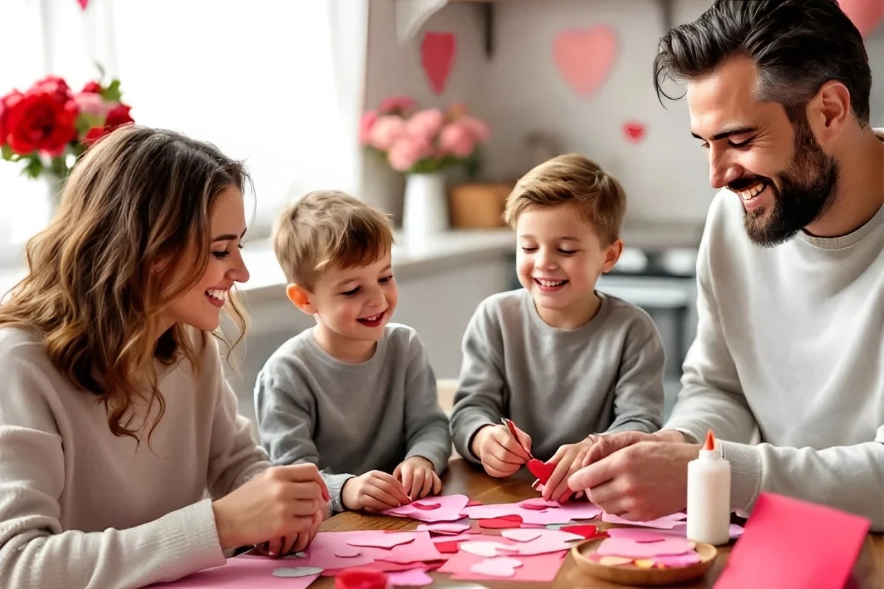 Happy family making Valentine's Day crafts with heart-shaped paper cutouts at home.