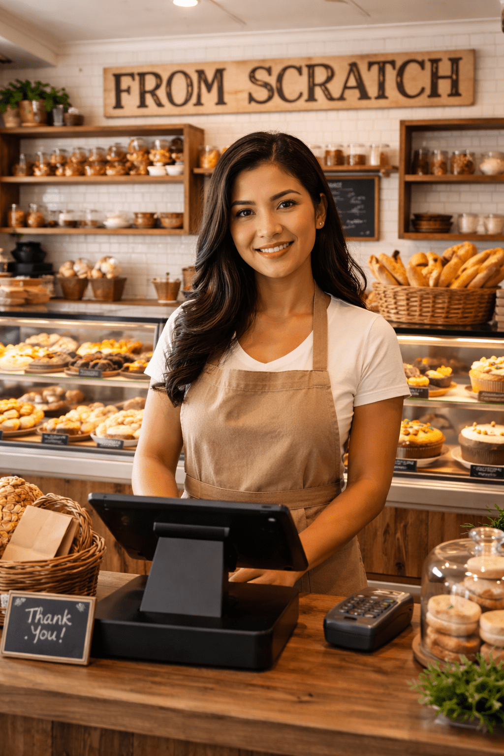 Friendly bakery owner at the register inside From Scratch Bakery and Kitchen with pastries in the display case