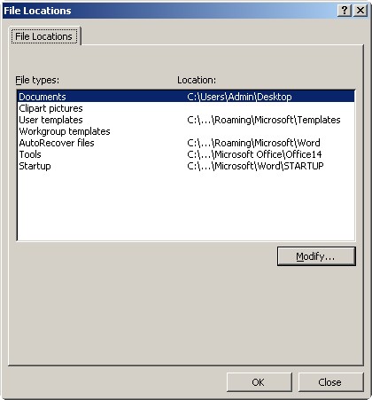 Word Options - File Location
