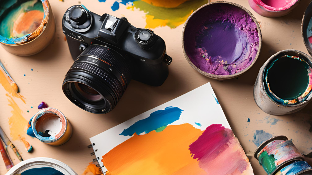 A flat lay of an artist's workspace featuring a camera, paint pots in various colors, paintbrushes, and a blank canvas with vibrant paint strokes.