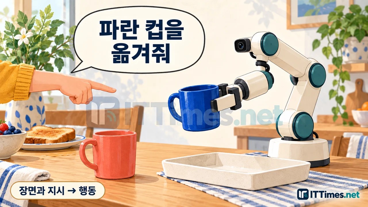 빨간 컵은 두고, 사람이 가리킨 파란 컵을 로봇 팔이 집어 쟁반으로 옮기는 장면. 그림 속 설명: 파란 컵을 옮겨줘; 장면과 지시 → 행동.