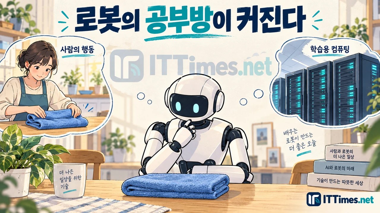 사람이 수건을 접는 장면, 이를 바라보는 로봇, 학습용 서버를 함께 그린 설명 삽화