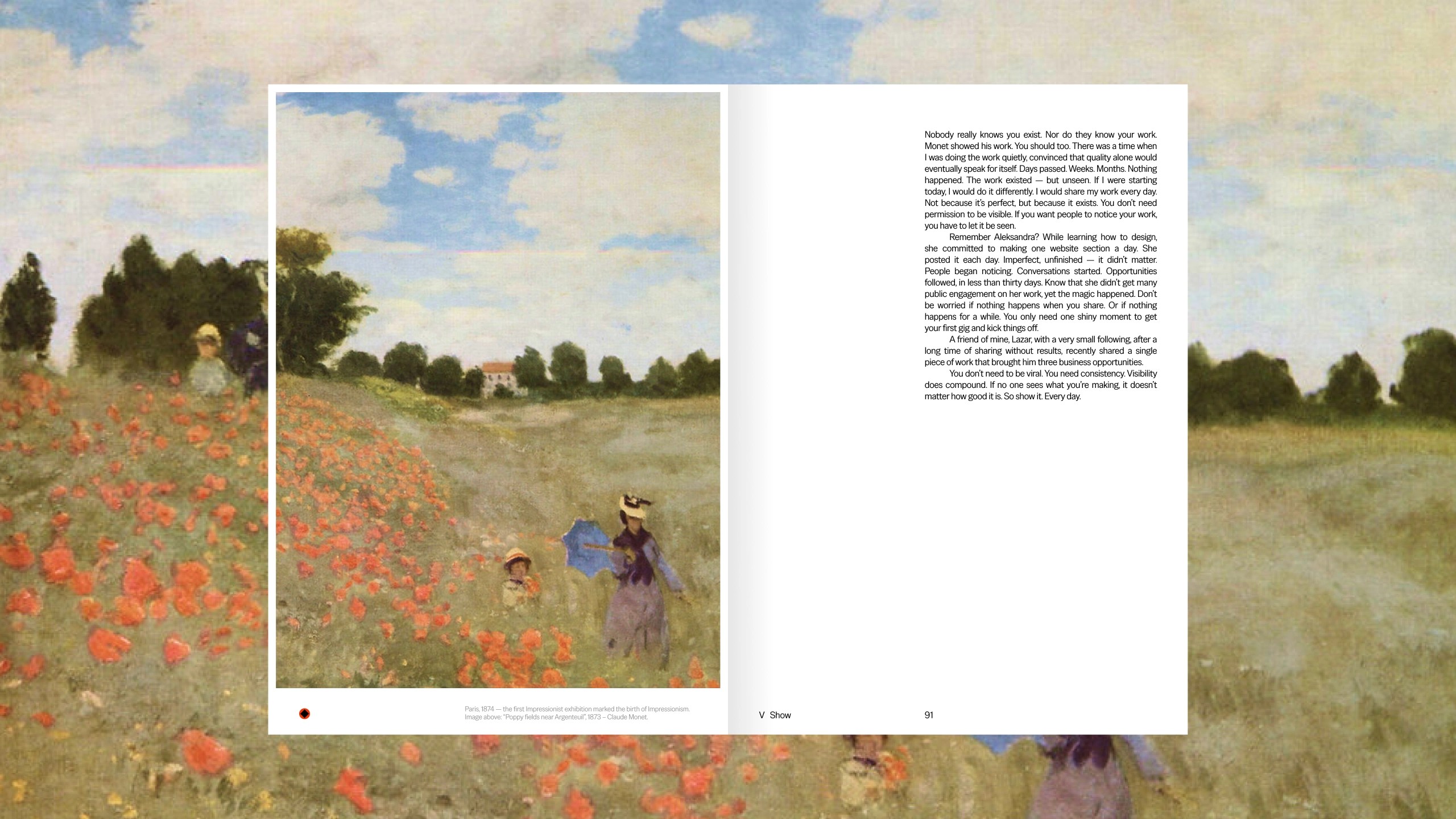 A soft, impressionistic painting depicting a field of bright red poppies with two figures, one holding an umbrella, in the foreground and a white house in the distant background beneath a blue sky with fluffy clouds.