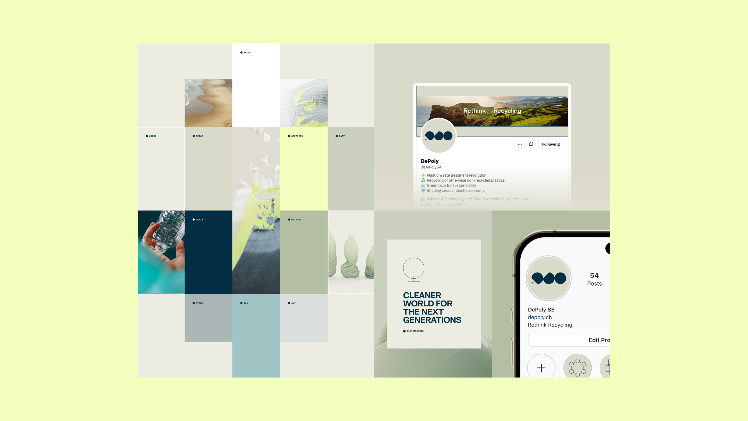 A collage featuring various textures and colors related to recycling, including images of plastic bottles, environmental themes, and social media profiles. The layout promotes sustainable practices with the tagline 'Cleaner world for the next generations.'