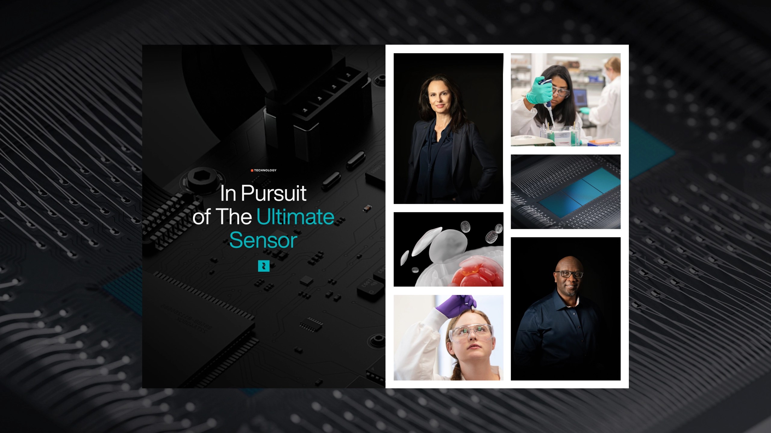 Collage featuring the text 'In Pursuit of The Ultimate Sensor' on a technology-themed background, with images of diverse individuals in a lab setting, scientific equipment, and high-tech sensors.