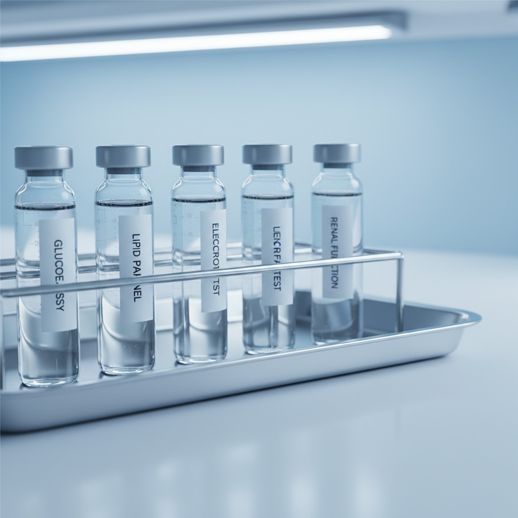 Glass vials in a tray, labeled with different medical tests.