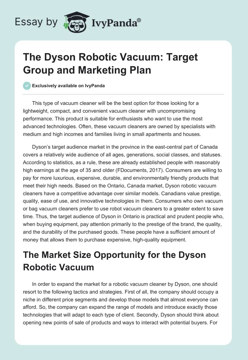 The dyson robotic vacuum: target group and marketing plan