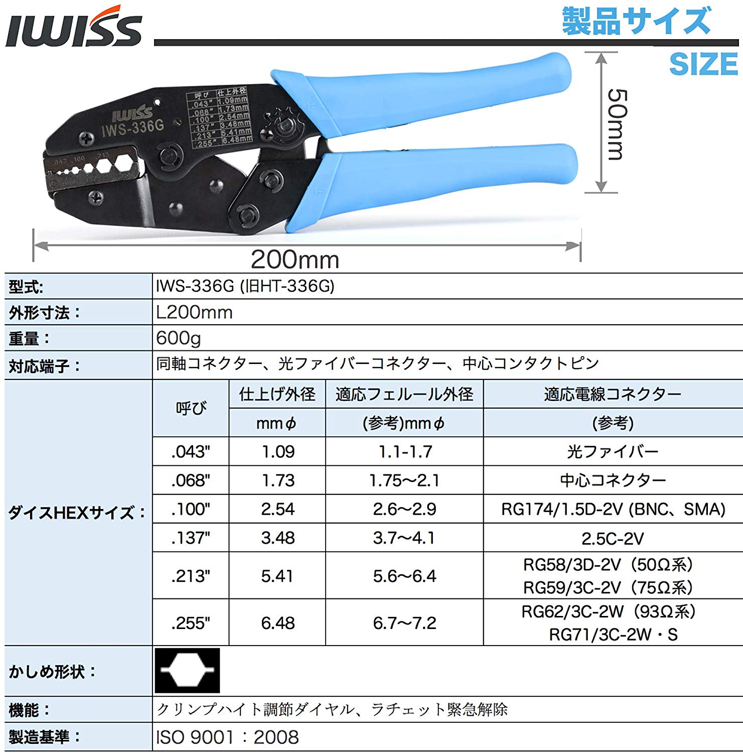 光ファイバー 同軸 コネクター 圧着工具 IWS-336G - アイウィス｜IWISS