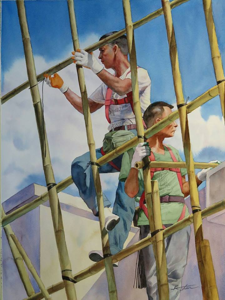 Chan Kwok Ting Hong Kong Scaffolding Workers 76x56 cm