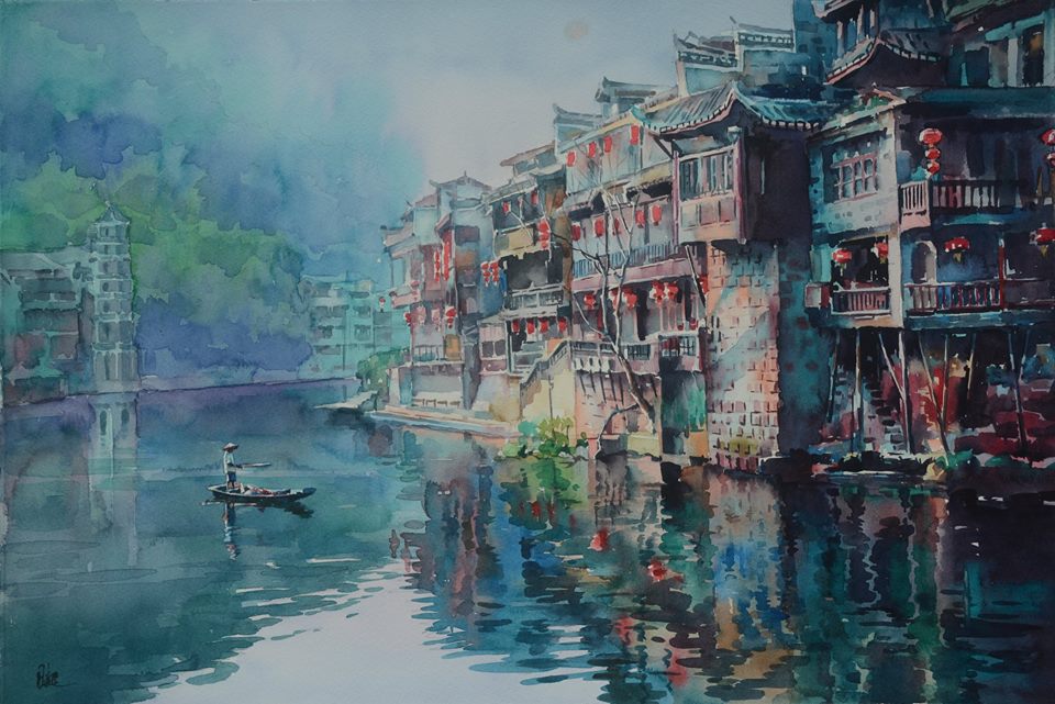 Lu Richao China Fenghuang Ancient Town 38x56 cm
