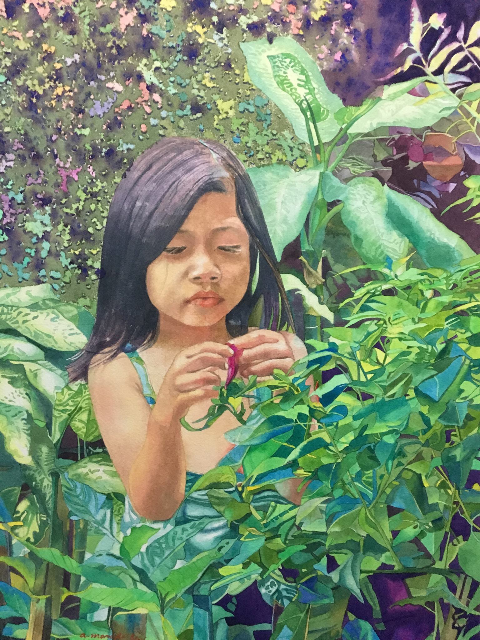 Alfredo S. Morales Philippines Little girl picking flower 24x18"
