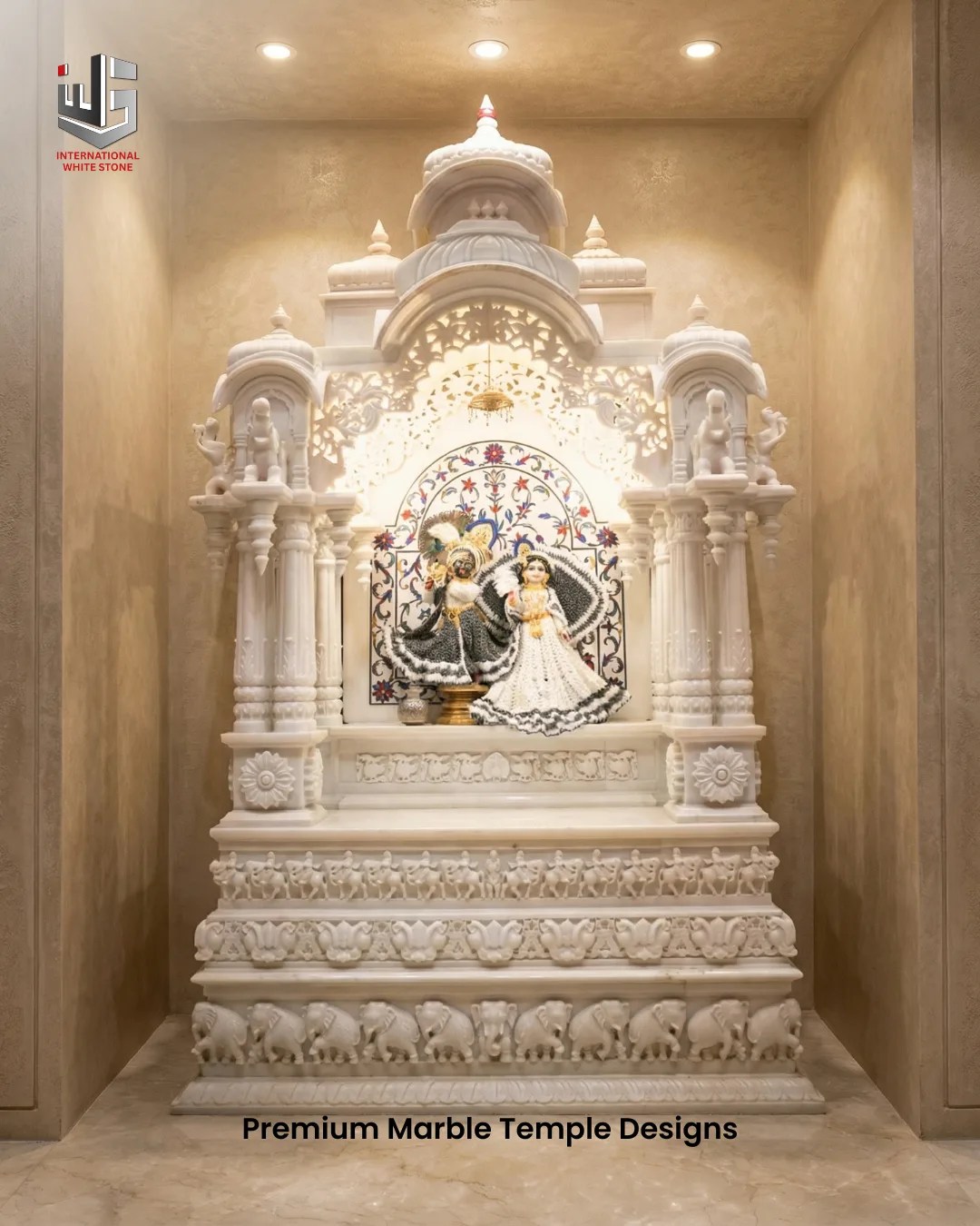 White marble mandir for home with intricate hand-carved design