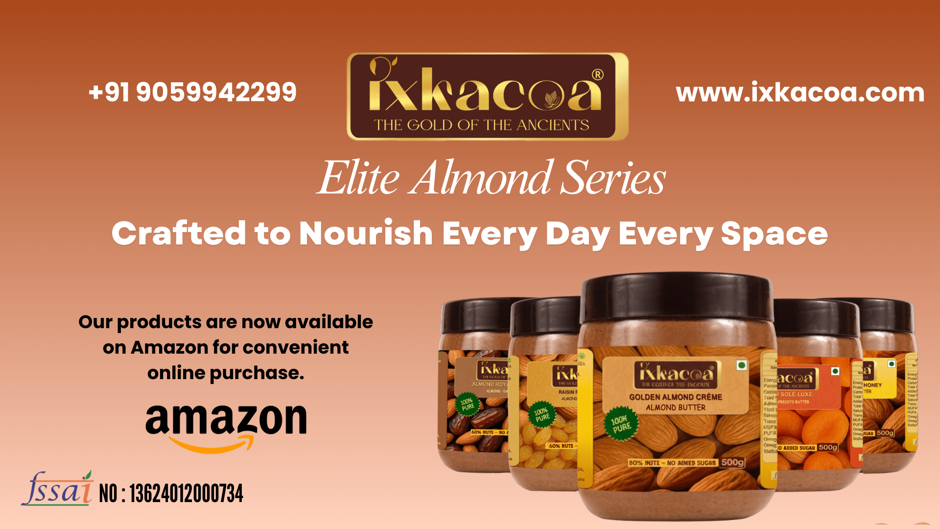 "IXKACOA Almond Butter Elite Series jars arranged elegantly, showcasing premium almond blends crafted from nature’s finest ingredients."