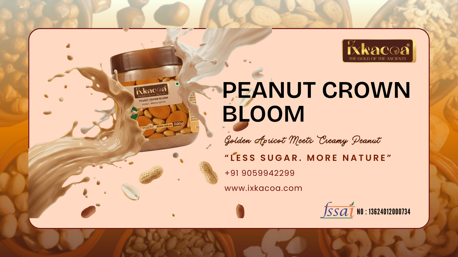 IXKACOA Peanut Crown Bloom Peanut Apricots Butter in a premium jar showcasing creamy texture and natural ingredients.