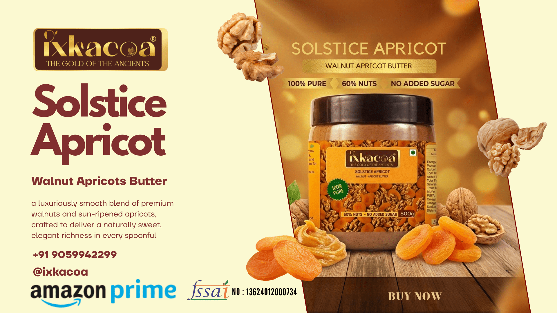 Jar of Solstice Apricot walnut apricot butter made with premium walnuts and sun-ripened apricots, showcasing a smooth, golden texture.