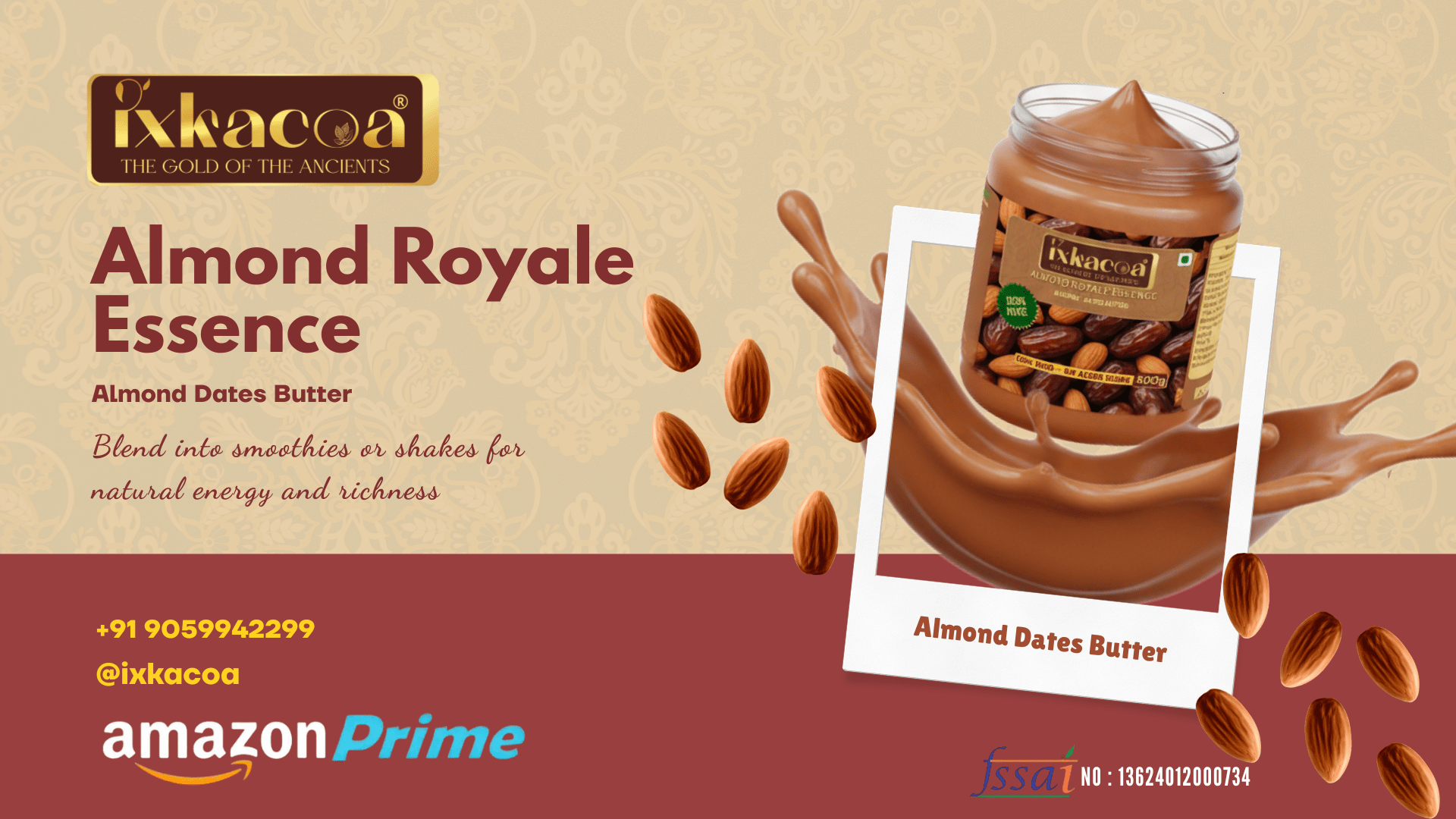 Almond Royale Essence almond dates butter in a premium jar showcasing smooth texture and natural richness for refined daily energy.