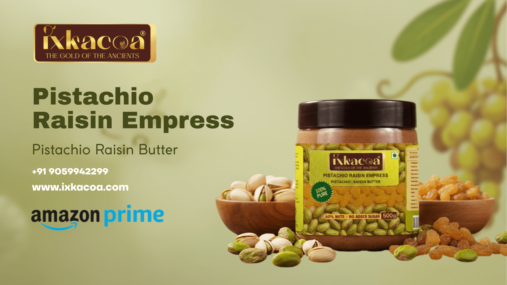 IXKACOA Pistachio Raisin Empress butter jar made with premium pistachios and naturally sweet raisins.