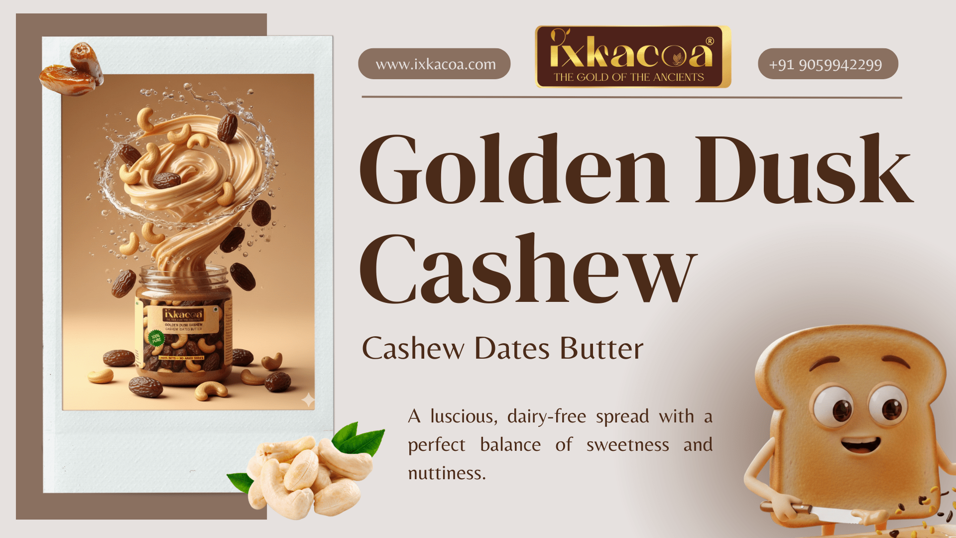 IXKACOA Golden Dusk Cashew Dates Butter in a glass jar, made from premium cashews and naturally sweet dates.