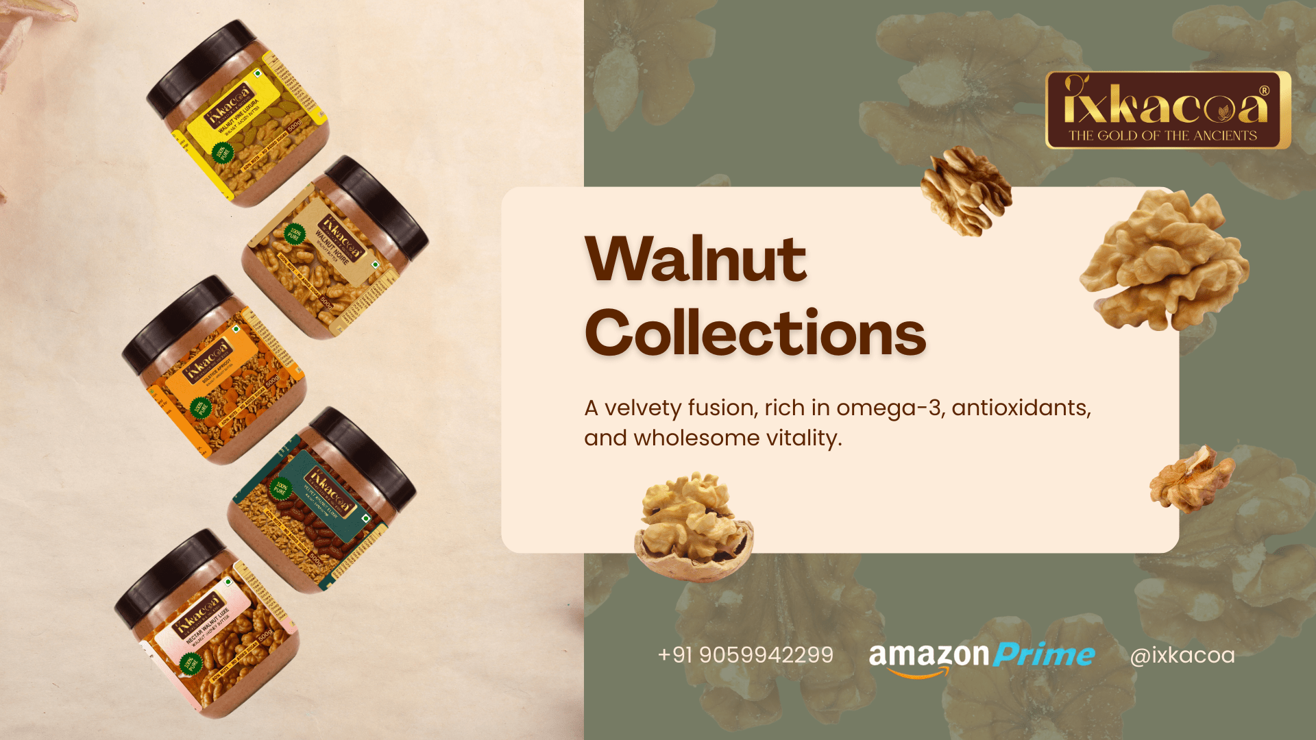 Golden Crown Orchard Walnut Premium Collection featuring pure walnut butter and walnut blends with honey, dates, apricots, and raisins in premium glass jars.