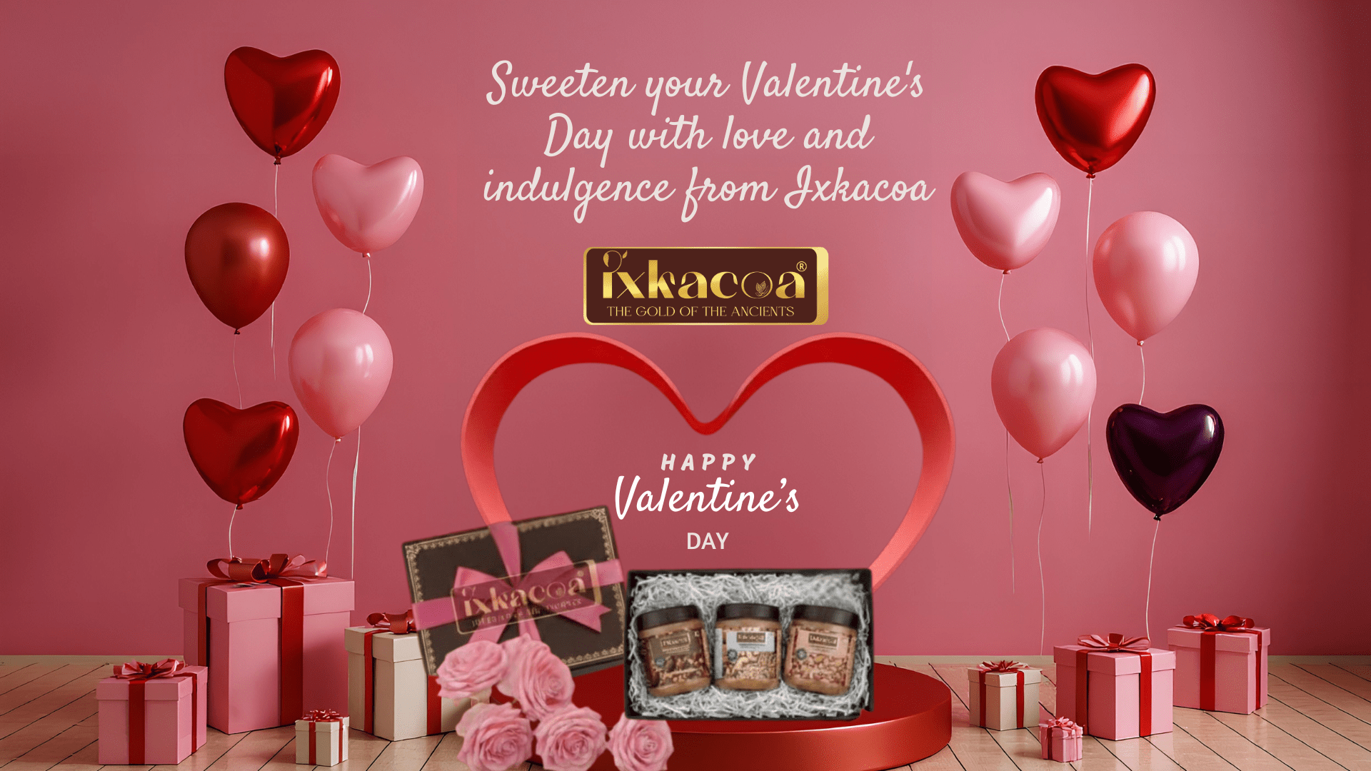 Ixkacoa Valentine’s Day nut butter jars styled with a romantic aesthetic, showcasing natural ingredients, rich textures, and luxurious packaging.
