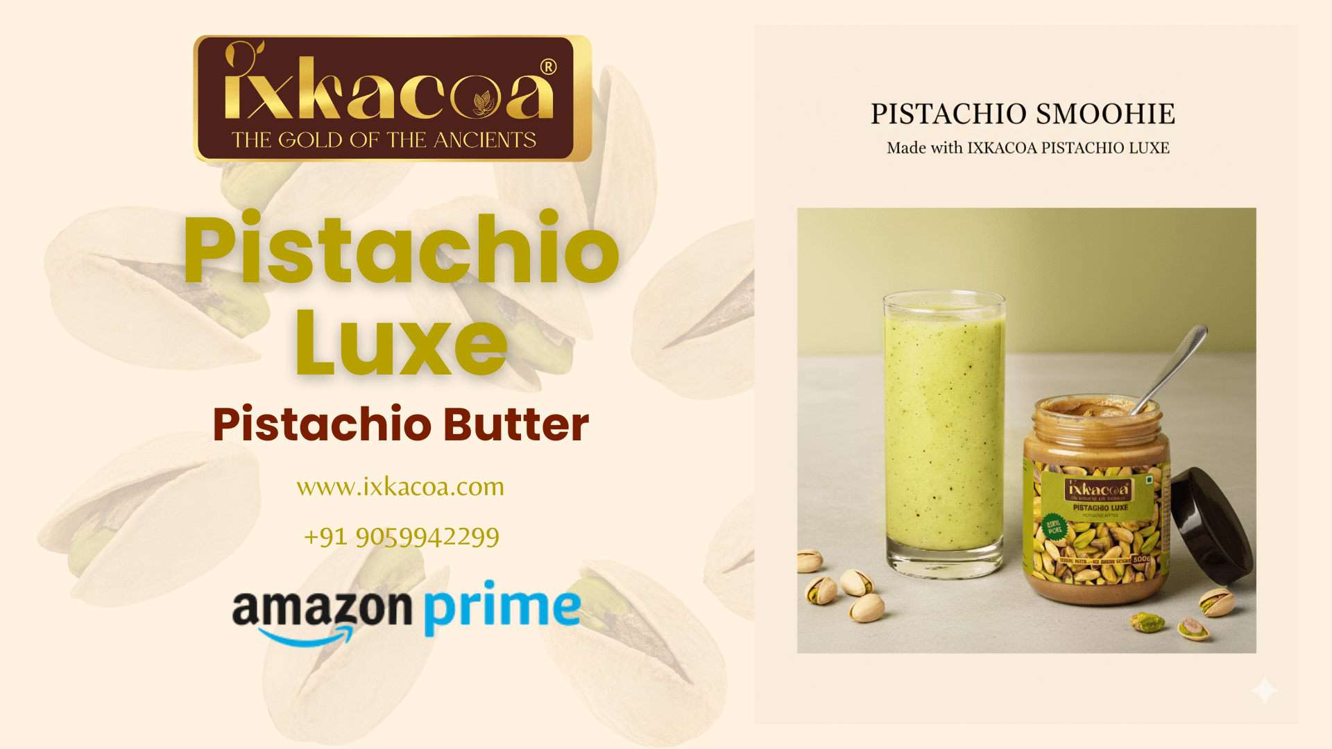 Jar of IXKACOA Pistachio Luxe pure pistachio butter with creamy green texture, made from 100% premium pistachios.