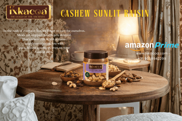 Jar of IXKACOA Cashew Sunlit Raisin Butter made with roasted cashews and sun-dried raisins, smooth texture, natural sweetness, and no added sugar.