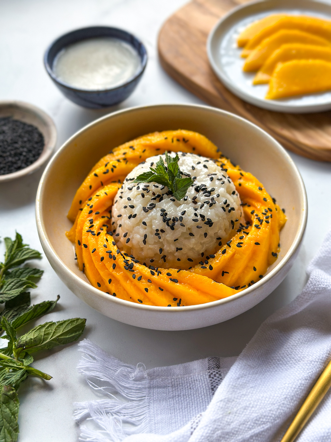 a delicious bowl of decadent vegan mango sticky rice