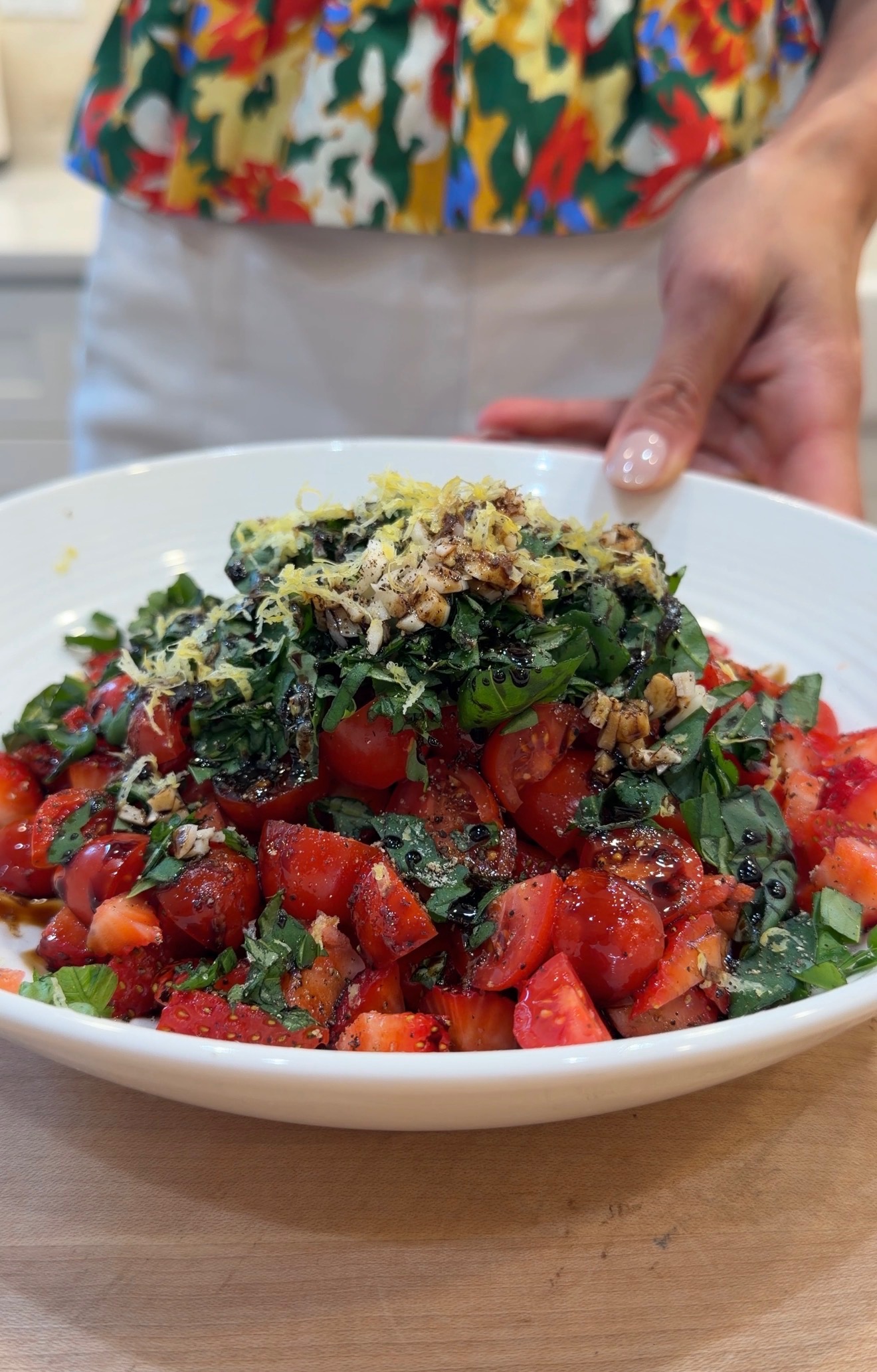 strawberry tomato bruschetta before being tossed