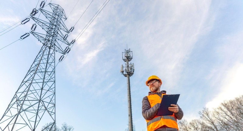 Utility worker in an orange safety vest and hard hat uses a tablet beneath towering power lines