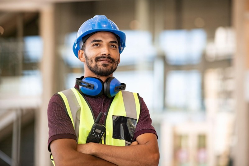 A construction worker in a hard hat and safety vest is ready for work on a building site highlighting safety measures