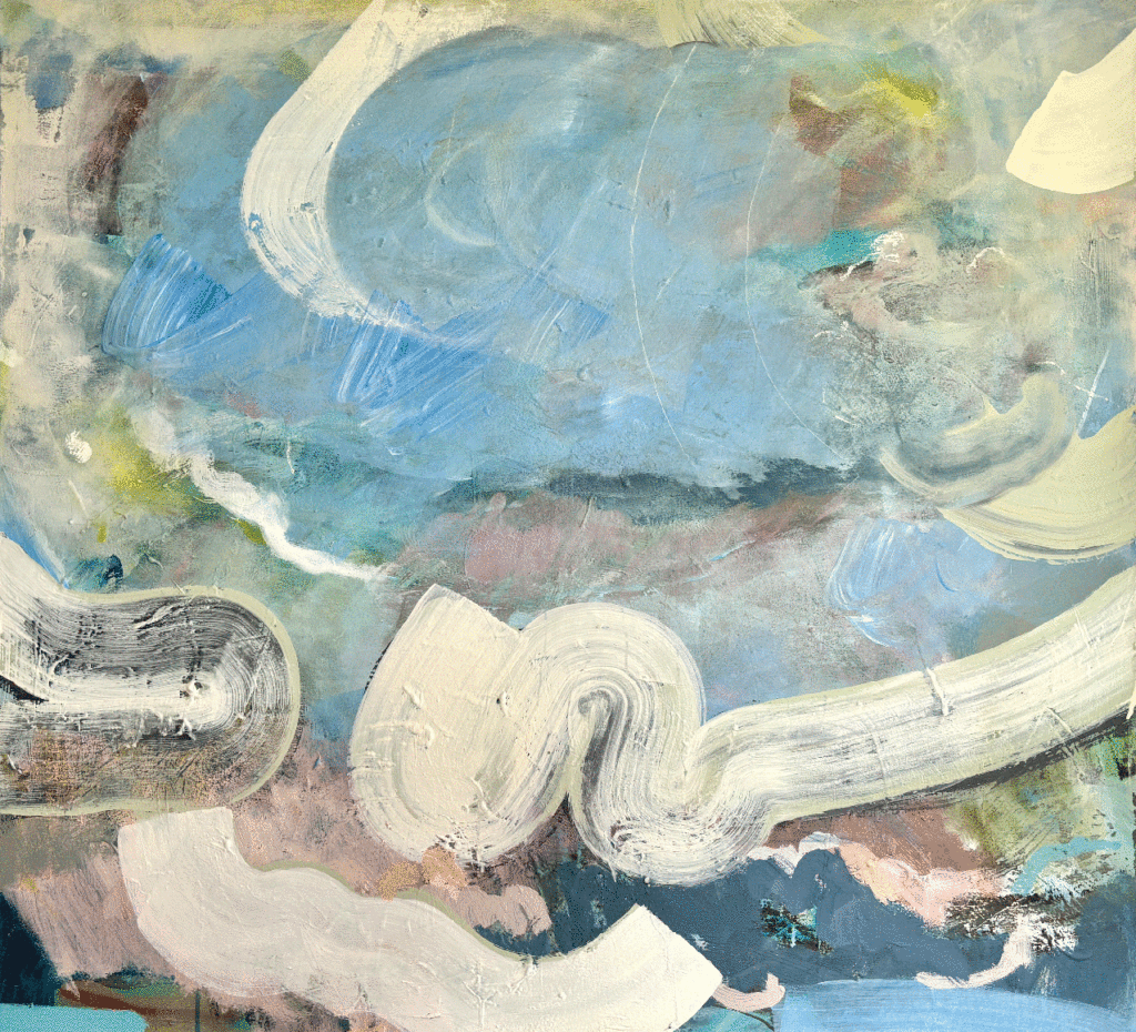 Cloudbusting- Rolling In, 2024, acrylic & oil stick on canvas, 100 x 110cm