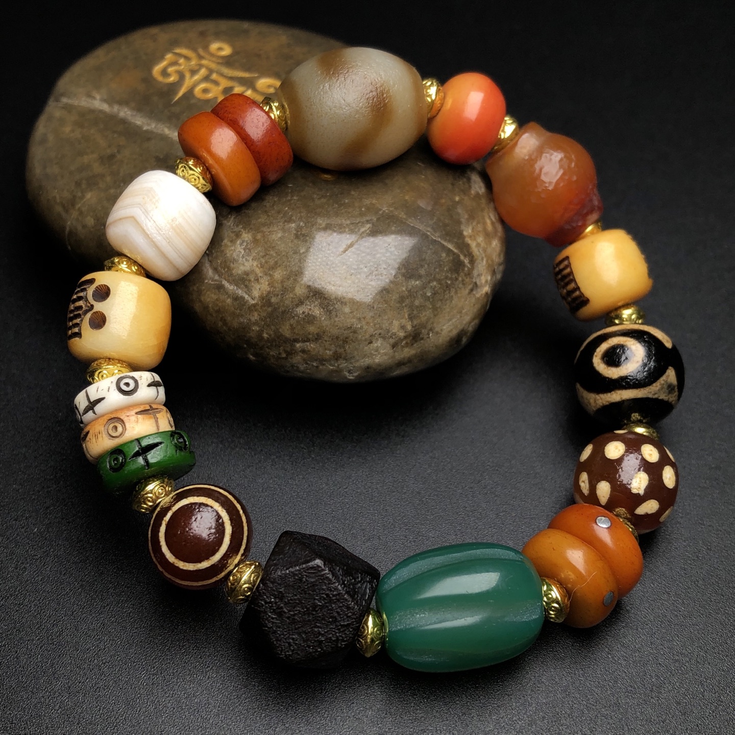 Multi-Treasure Ancient Bead with Tiger Tooth Dzi, Three-Eye Dzi