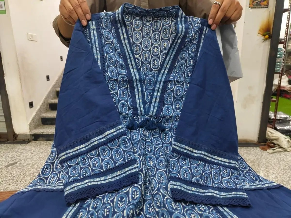 Blue Kalamkari A-Line Kurti Set Pure Cotton Kurti Set for Women - Embroidered Yoke Detail View | Jaipur Cloth