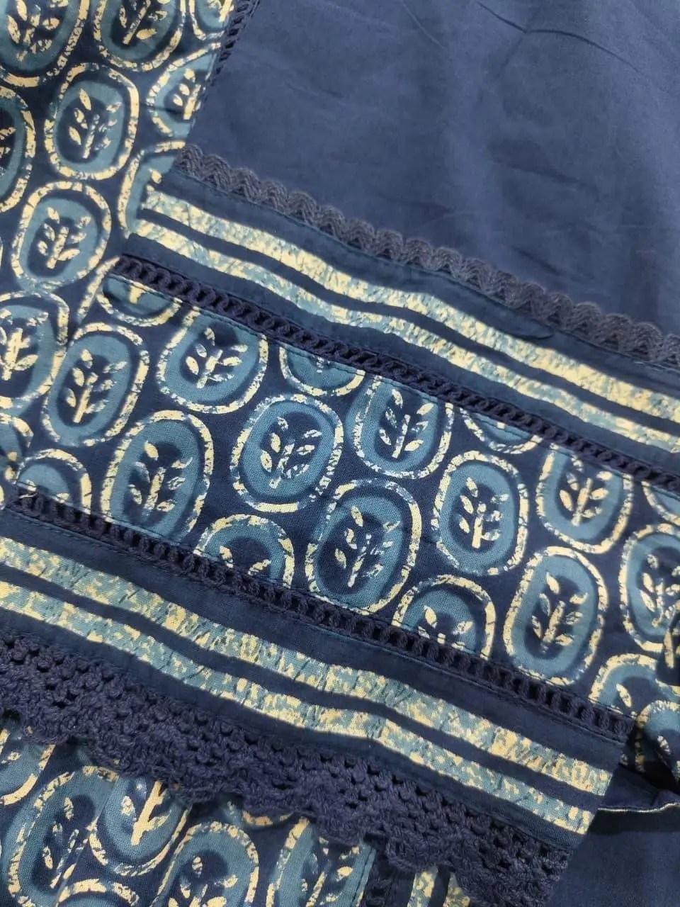Blue Kalamkari A-Line Kurti Set Pure Cotton Kurti Set for Women - Fabric & Pattern Close-Up View | Jaipur Cloth