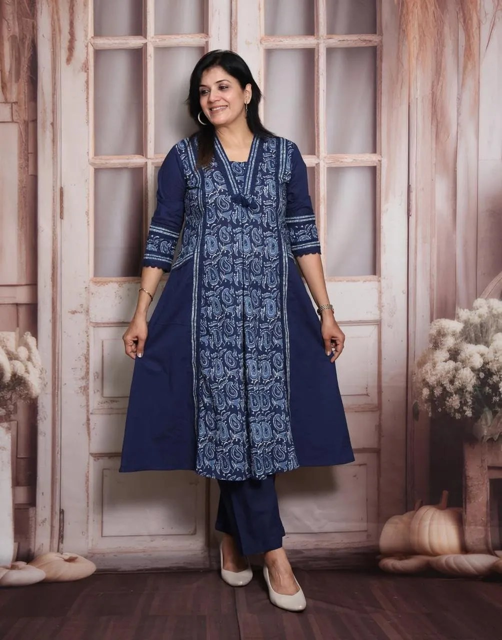 Blue Kalamkari A-Line Kurti Set Pure Cotton Kurti Set for Women - Front Full View | Jaipur Cloth