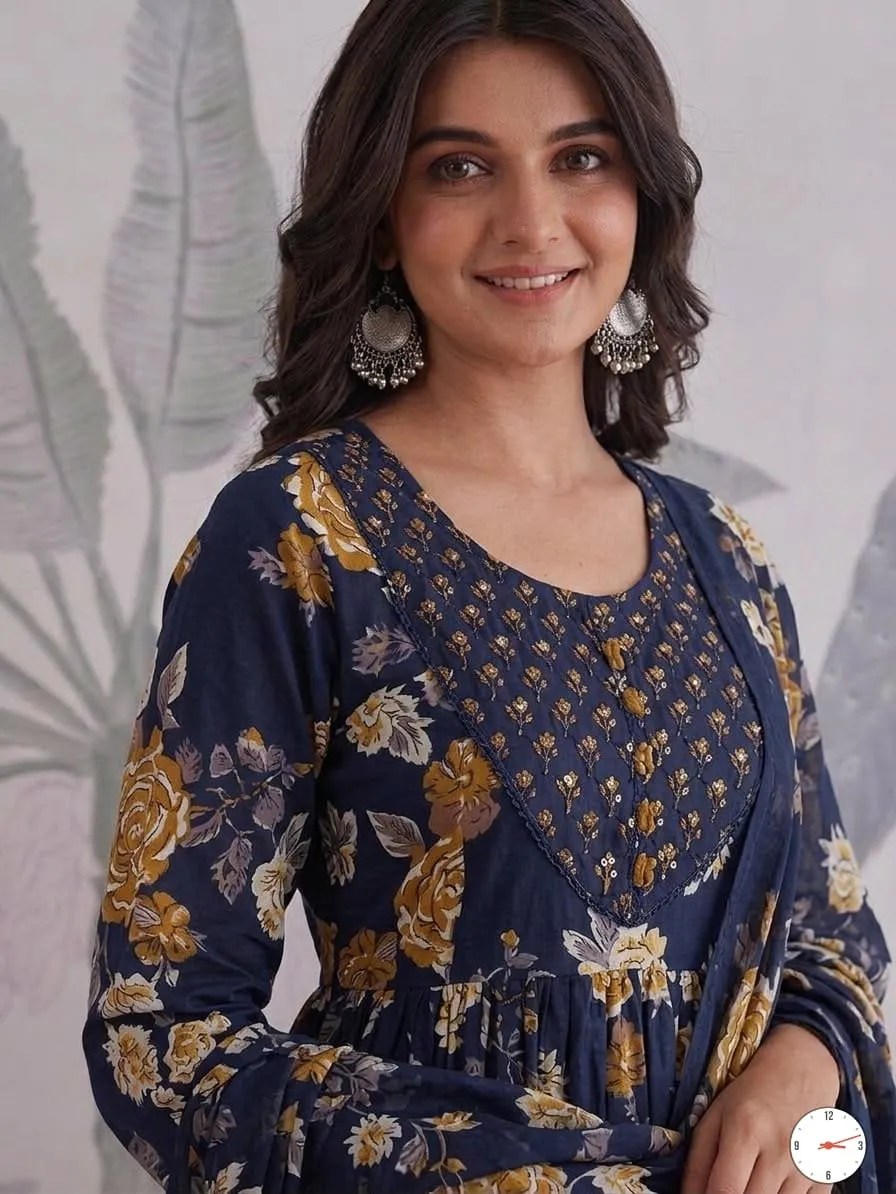 Festival Pure Cotton Anarkali Set - Embroidered Yoke Detail View | Jaipur Cloth