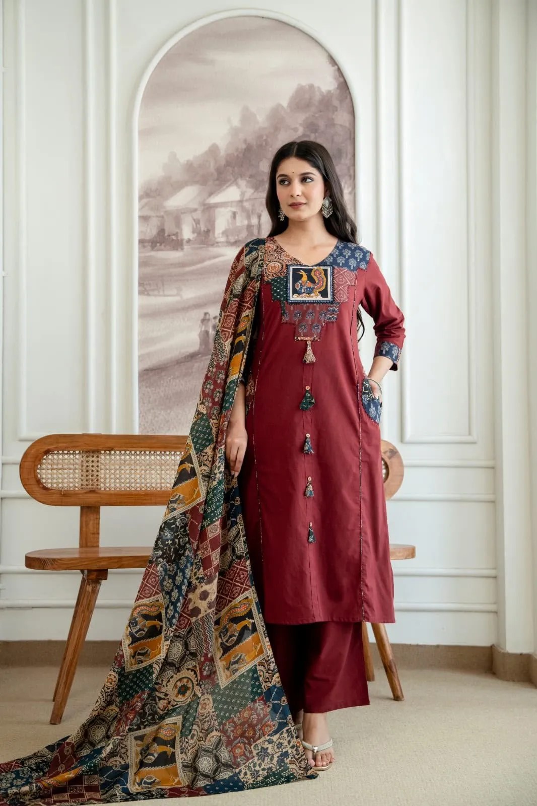 Premium Kalamkari Pure Cotton Suit Set - Fabric & Pattern Close-Up View | Jaipur Cloth