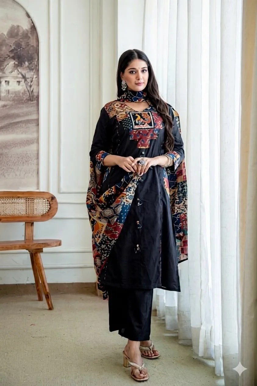 Kalamkari Pure Cotton Suit Set - Fabric & Pattern Close-Up View | Jaipur Cloth
