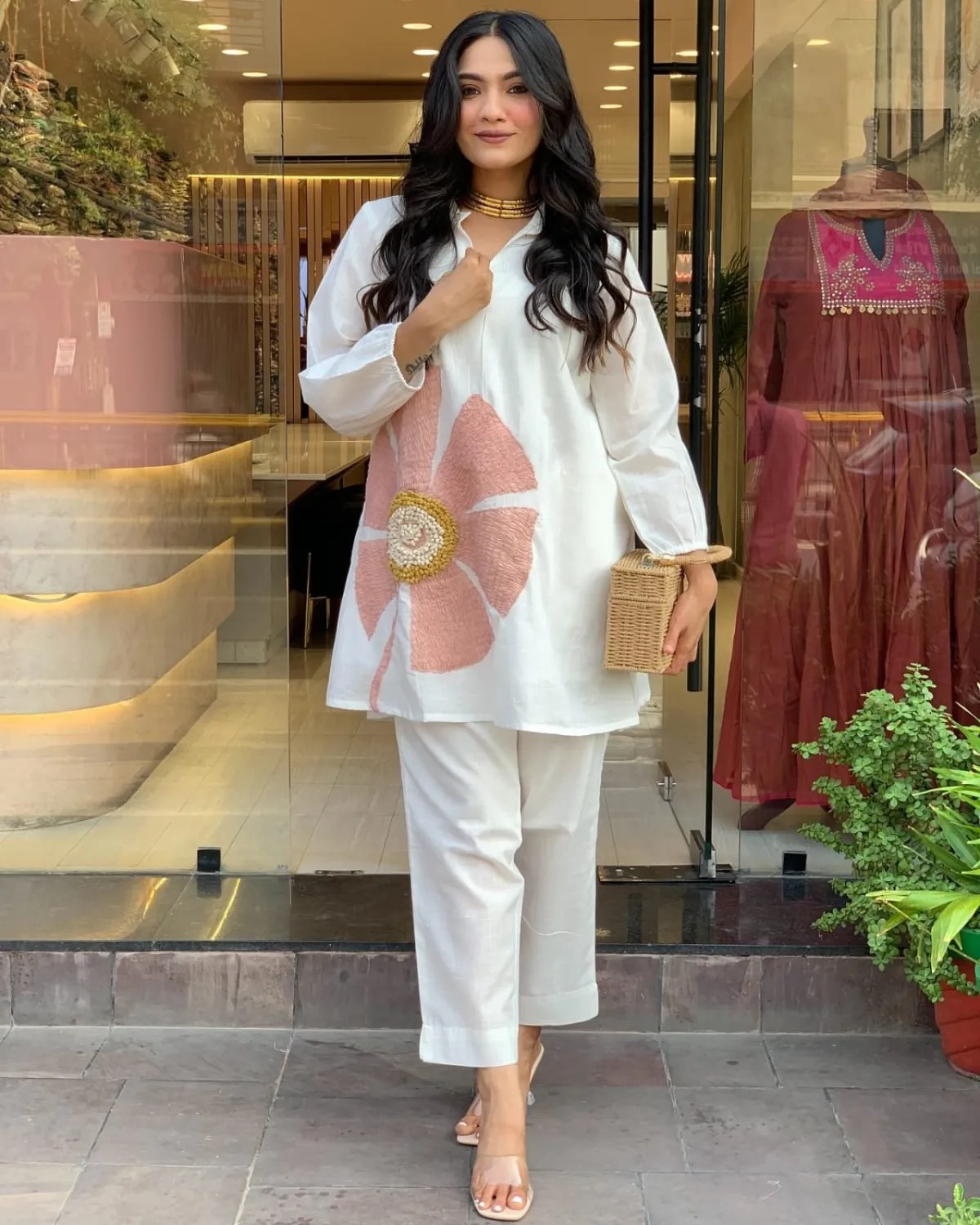 Gorgeous Summer Co-ord Set Pure Cotton Kurti Set for Women - Embroidered Yoke Detail View | Jaipur Cloth