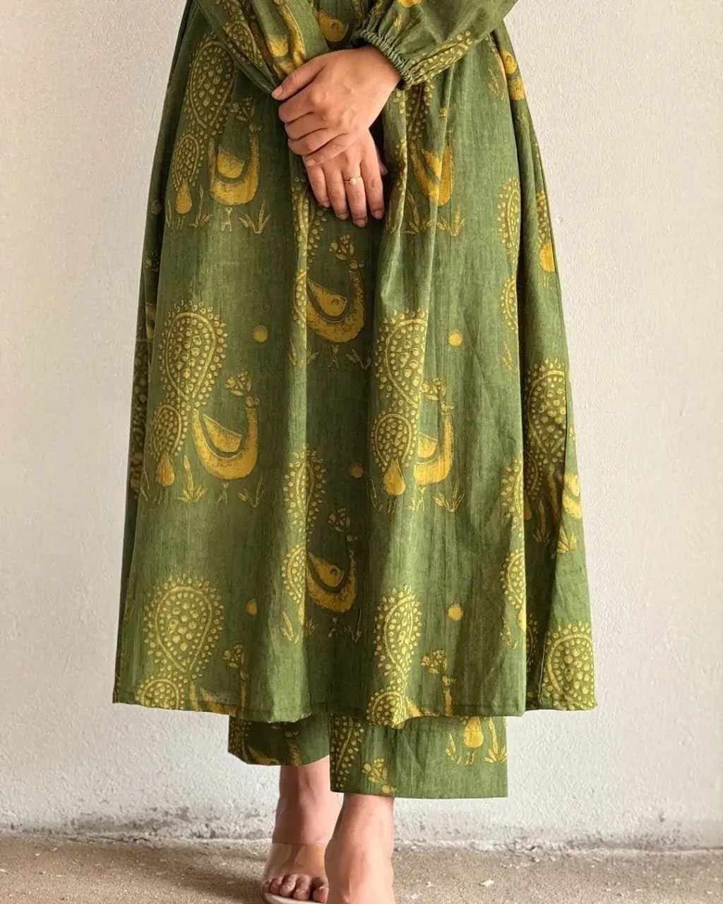 Rajasthani Peacock Kaftan Set Pure Cotton Kurti Set for Women - Side Profile View | Jaipur Cloth
