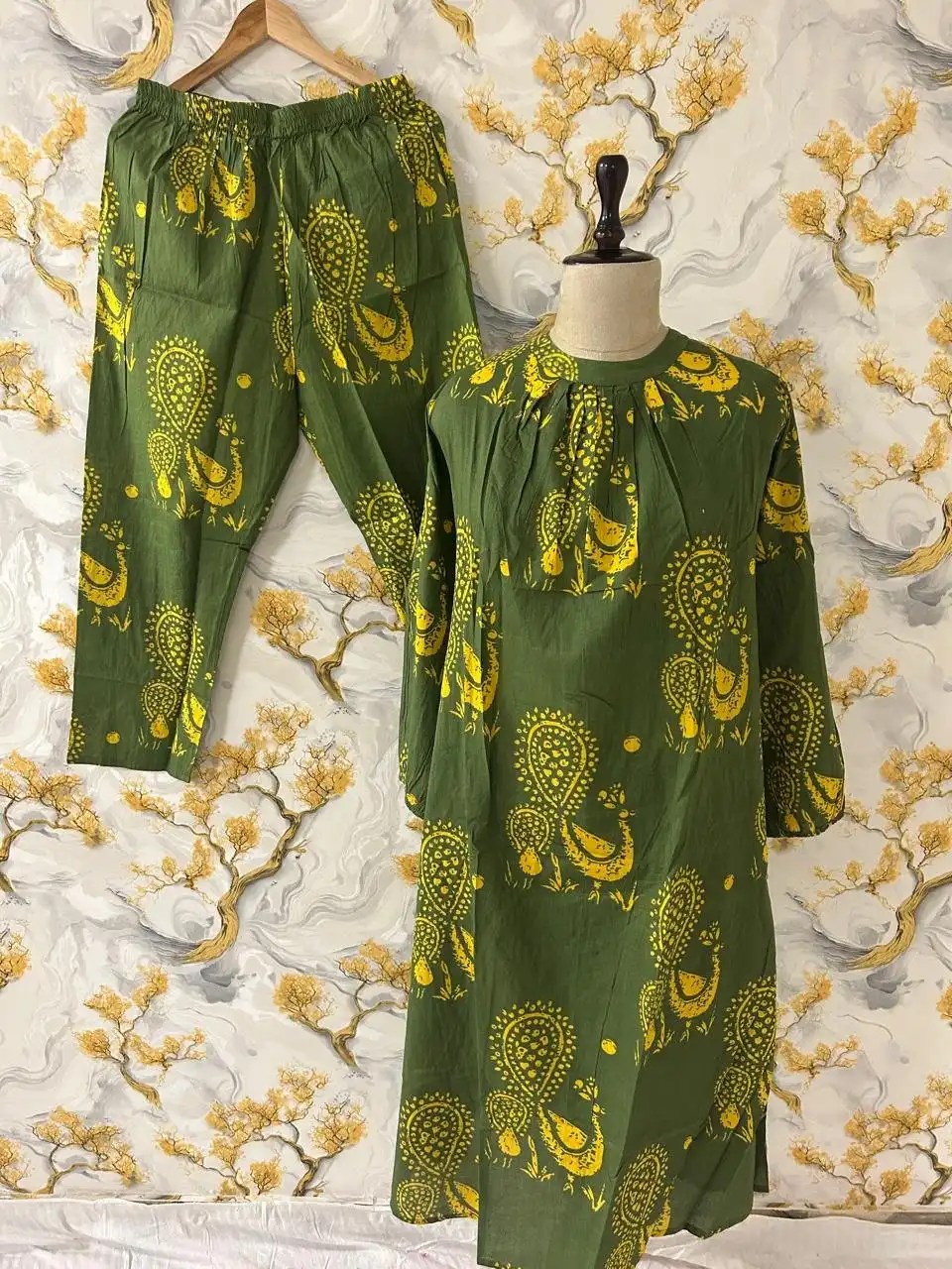 Rajasthani Peacock Kaftan Set Pure Cotton Kurti Set for Women - Fabric & Pattern Close-Up View | Jaipur Cloth