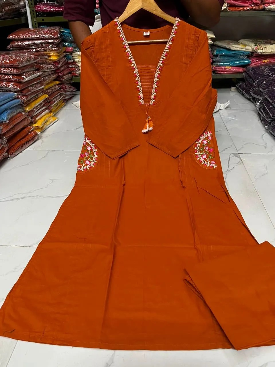 Festival Special Pure Cotton 3 Piece Set - Embroidered Yoke Detail View | Jaipur Cloth