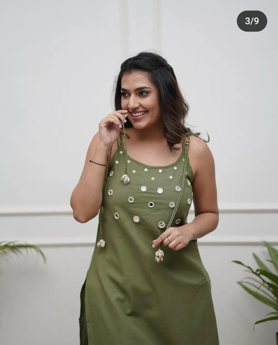 Summer Spaghetti Kurta Set Pure Cotton Kurti Set for Women - Embroidered Yoke Detail View | Jaipur Cloth