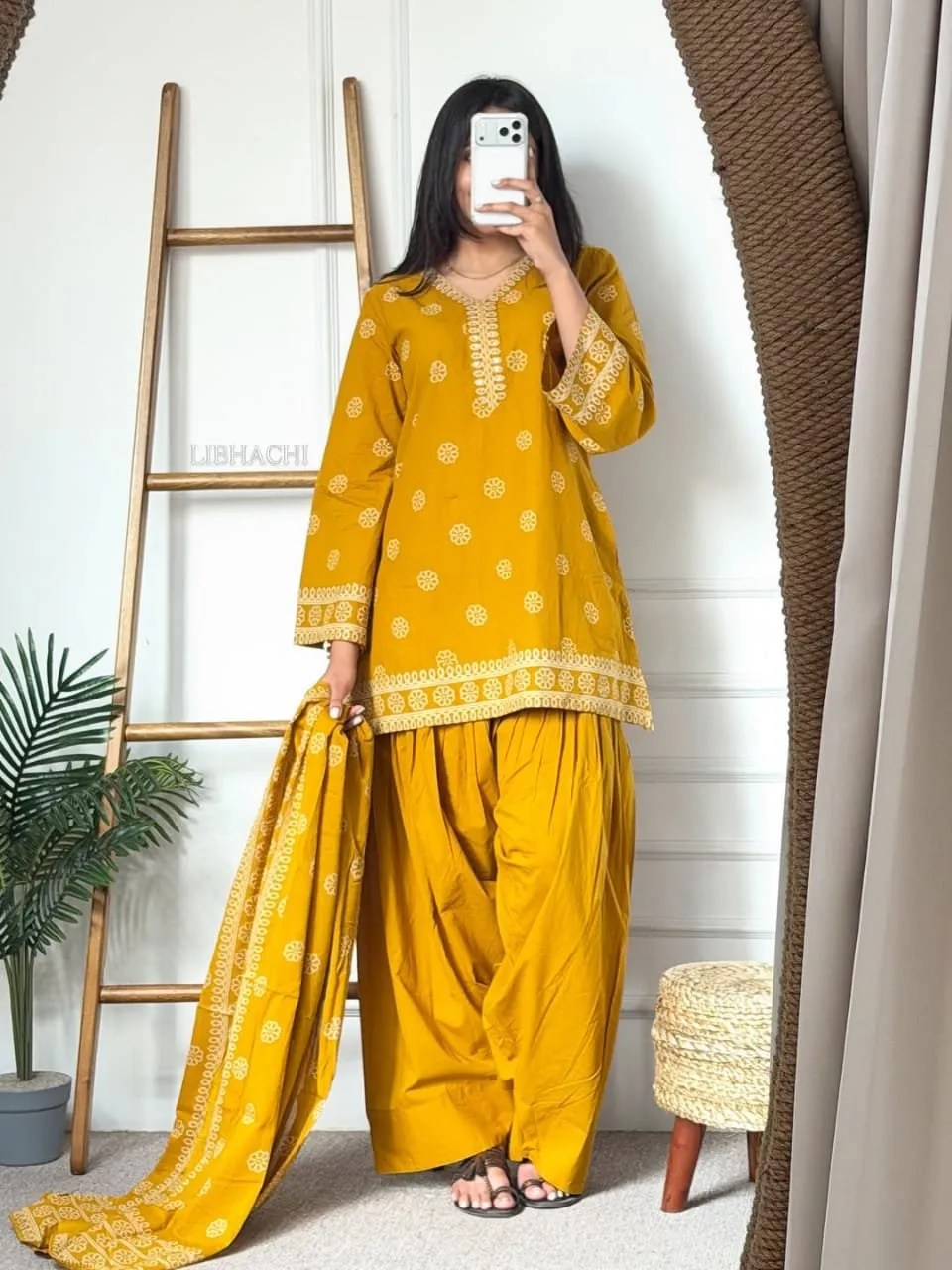 Voluminous Pure Cotton Farsi Summer Set - Embroidered Yoke Detail View | Jaipur Cloth