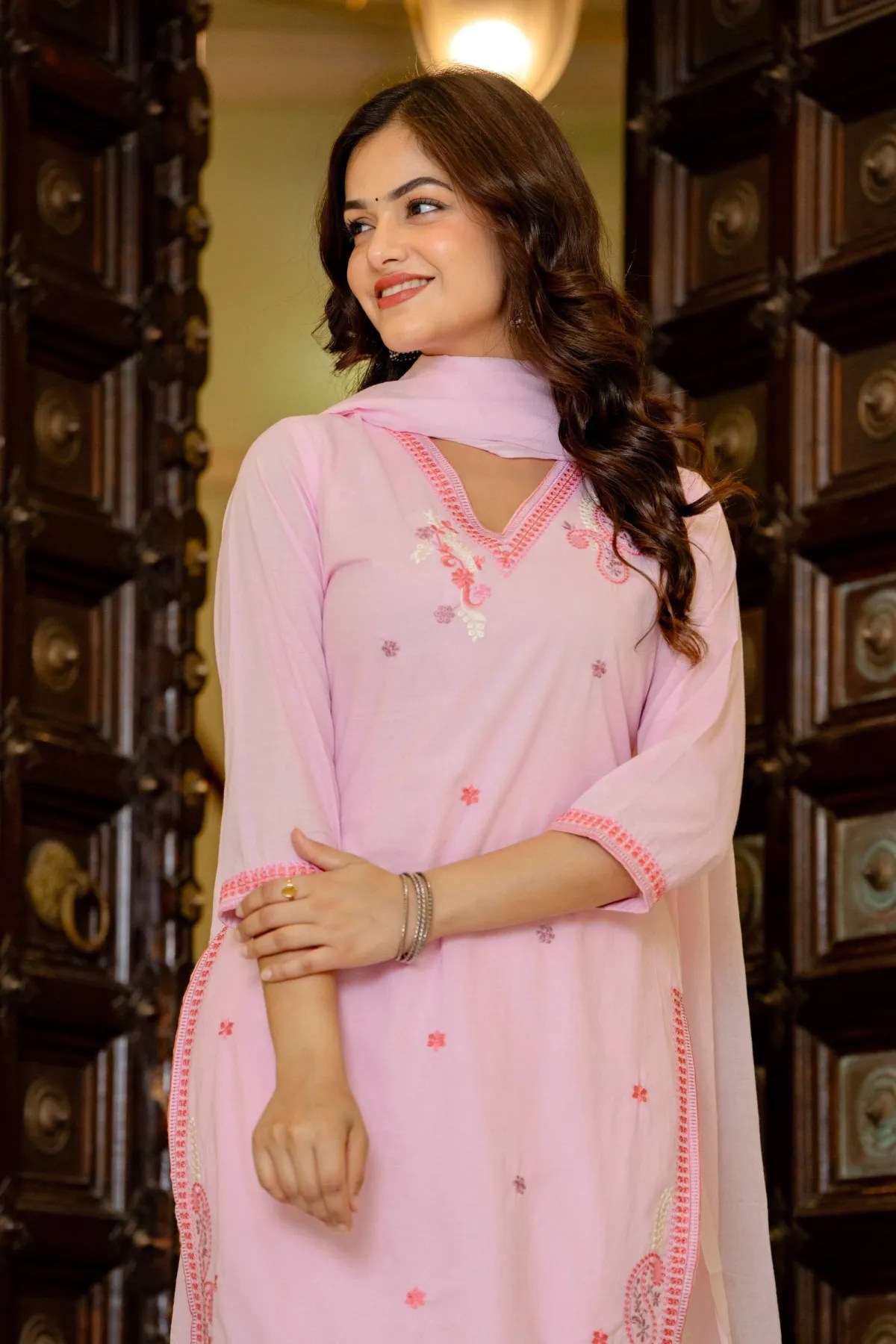 Premium Embroidered Pure Cotton Suit Set - Side Angle & Graceful Drape | Jaipur Cloth